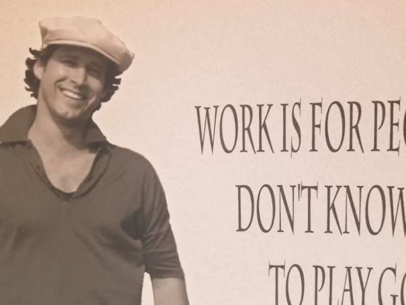 May include: A sepia-toned image features a smiling person wearing a light-colored cap and a dark polo shirt. Text on the right reads "WORK IS FOR PEOPLE WHO DON'T KNOW HOW TO PLAY GOLF."