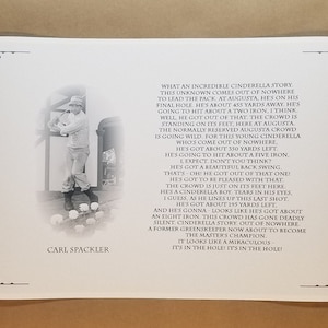 May include: Black and white image of a printed page with text and a photo of a golfer. The text describes a golf game with the words "Carl, Spackler" at the bottom. Decorative corner designs frame the text.