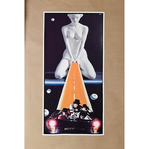 May include: A surreal art print featuring a white statue of a person kneeling and holding an orange road that leads to a black car with people inside. The print has a dark background with floating eyes.