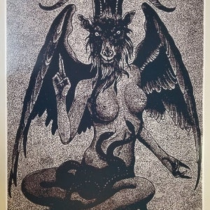 May include: A black and white illustration of Baphomet, a goat-headed deity, with large wings, horns, and a serpent. The figure is seated with one arm raised and a serpent coiled around the lower body. The background has a speckled texture.