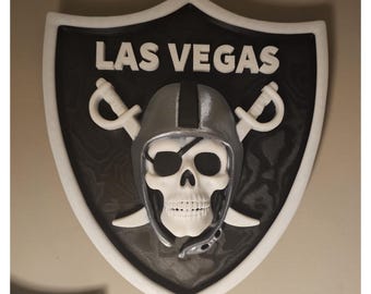 Las Vegas Raider Skull Pirate Wall Decor 3D Print - CHOOSE SIZE -  Printed in 3 colors Metallic Silver and Black and White