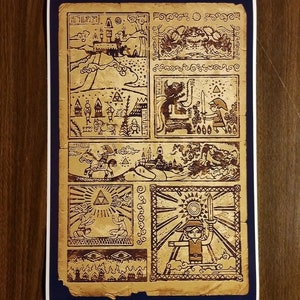 May include: A framed print featuring a series of brown illustrations on aged paper. The artwork depicts scenes from a fantasy adventure, including characters, landscapes, and symbols. The print is framed with a dark blue border.