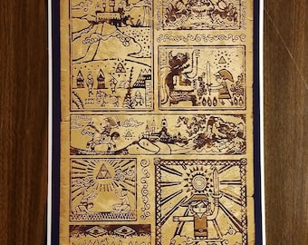 May include: A framed print featuring a series of brown illustrations on aged paper. The artwork depicts scenes from a fantasy adventure, including characters, landscapes, and symbols. The print is framed with a dark blue border.