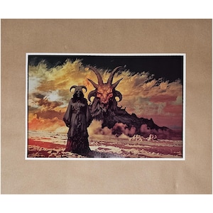 May include: A fantasy art print featuring a robed figure with horned headwear standing before a large, horned, demonic creature. The artwork is set against a dramatic, fiery sky with clouds, in shades of orange, red, and black.
