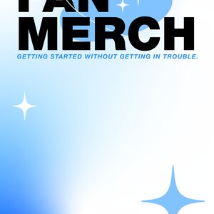 Puede incluir: Un dise&ntilde;o gr&aacute;fico azul y blanco con el texto "FAN MERCH" y el lema "GETTING STARTED WITHOUT GETTING IN TROUBLE."