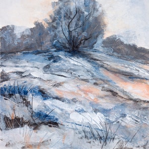 Square Fine Art Print Winter Landscape Scene, Acrylic Original Painting, Blue, Gray, Orange Tones, Contemporary Artwork Wall Decor