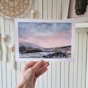 Pittura di paesaggio del cielo rosa, arte da collezione in miniatura, regalo per gli amanti dell'arte, opere d'arte originali della fauna selvatica, disegno dipinto a mano su carta