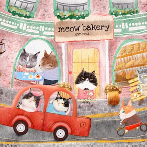Meow bakery (friendship, summer vibe, Caturday morning, French café, happiness, celebration, watercolor, gift, cat lover, fairytale, whimsy)