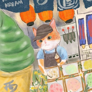 May include: A cartoon cat wearing a blue shirt and a brown hat is serving ice cream at a stand. The stand has a variety of flavors, including green, white, and pink. The cat is holding a scoop of ice cream and a cone. The stand is decorated with flowers and lanterns.