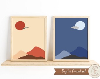 Arte de parede abstrata de montanha, impressão de parede boho, arte de parede para impressão, impressão de arte minimalista, arte para impressão, impressão de sol e lua, arte de paisagem