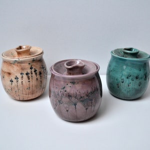 Honey jar, handmade Ceramic kitchen storage, Wild flower decorated