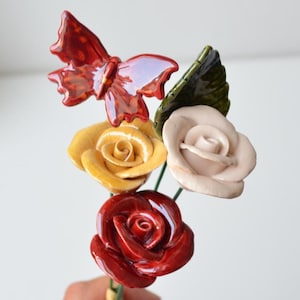 Mixed ceramic rose bouquet, Handmade Ceramic Flowers, 5 pcs