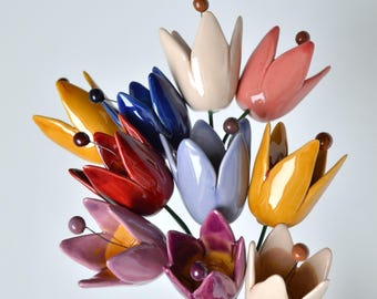 Buquê de Tulipas, Arranjo Floral Artesanal em Cerâmica, 5 ou 10 Peças