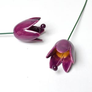 Colourfull, hand-made, lovely ceramic flowers: tulip, eggplant purple.
They are fixed on a green wire (l=20cm), you can put them in a vase, next to your inside plant or outside.