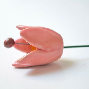Colourfull, hand-made, lovely ceramic flowers: tulip, pink.
They are fixed on a green wire (l=20cm), you can put them in a vase, next to your inside plant or outside.
