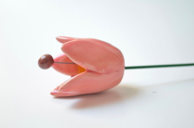 Colourfull, hand-made, lovely ceramic flowers: tulip, pink.
They are fixed on a green wire (l=20cm), you can put them in a vase, next to your inside plant or outside.