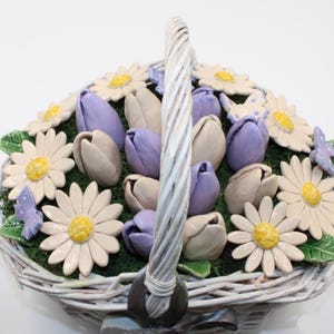 Tulip and Daisy Flower Bouquet in basket, Handmade Ceramic Spring Blooms Basket