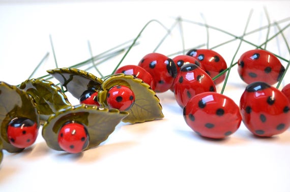 Ladybug on leaf, Handmade ceramic flower decor