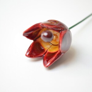 Colourfull, hand-made, lovely ceramic flowers: tulip, red.
They are fixed on a green wire (l=20cm), you can put them in a vase, next to your inside plant or outside.