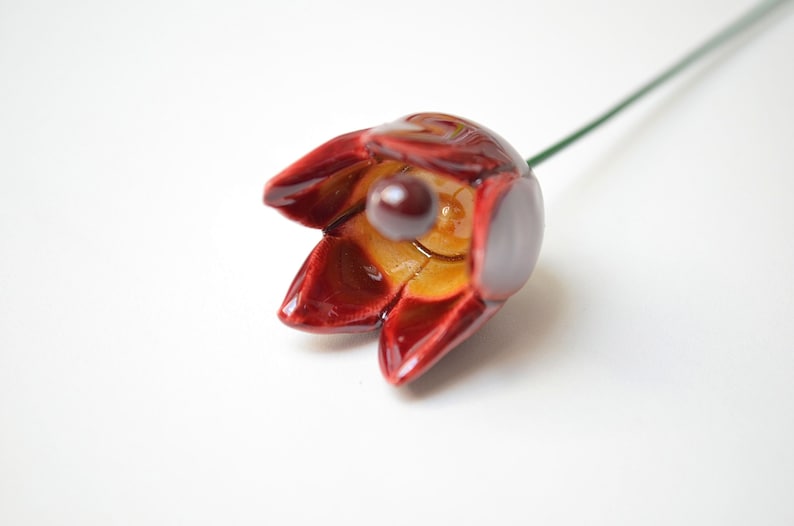 Colourfull, hand-made, lovely ceramic flowers: tulip, red.
They are fixed on a green wire (l=20cm), you can put them in a vase, next to your inside plant or outside.