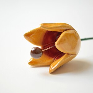 Colourfull, hand-made, lovely ceramic flowers: tulip, yellow.
They are fixed on a green wire (l=20cm), you can put them in a vase, next to your inside plant or outside.