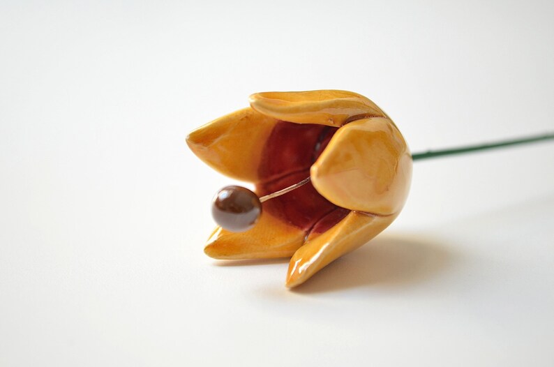 Colourfull, hand-made, lovely ceramic flowers: tulip, yellow.
They are fixed on a green wire (l=20cm), you can put them in a vase, next to your inside plant or outside.