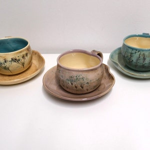 Cappuccino Set, wild flower imprint, 3 pcs  Handmade Ceramic Mug with saucer