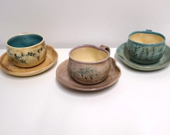 3 pcs Tea Set, Handmade Ceramic Mug with saucer, wild flower imprint