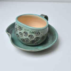 Floral Ceramic Cup with saucer, Handmade Flower Design, with wild flower imprint