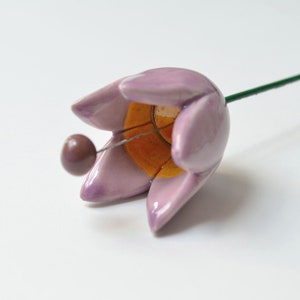 Colourfull, hand-made, lovely ceramic flowers: tulip, purple.
They are fixed on a green wire (l=20cm), you can put them in a vase, next to your inside plant or outside.