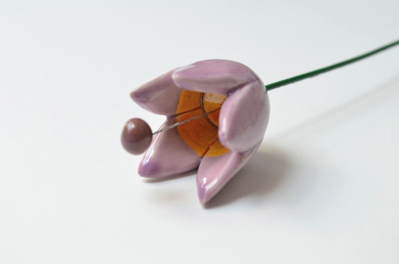 Colourfull, hand-made, lovely ceramic flowers: tulip, purple.
They are fixed on a green wire (l=20cm), you can put them in a vase, next to your inside plant or outside.