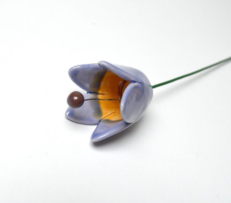 Colourfull, hand-made, lovely ceramic flowers: tulip, light blue.
They are fixed on a green wire (l=20cm), you can put them in a vase, next to your inside plant or outside.
