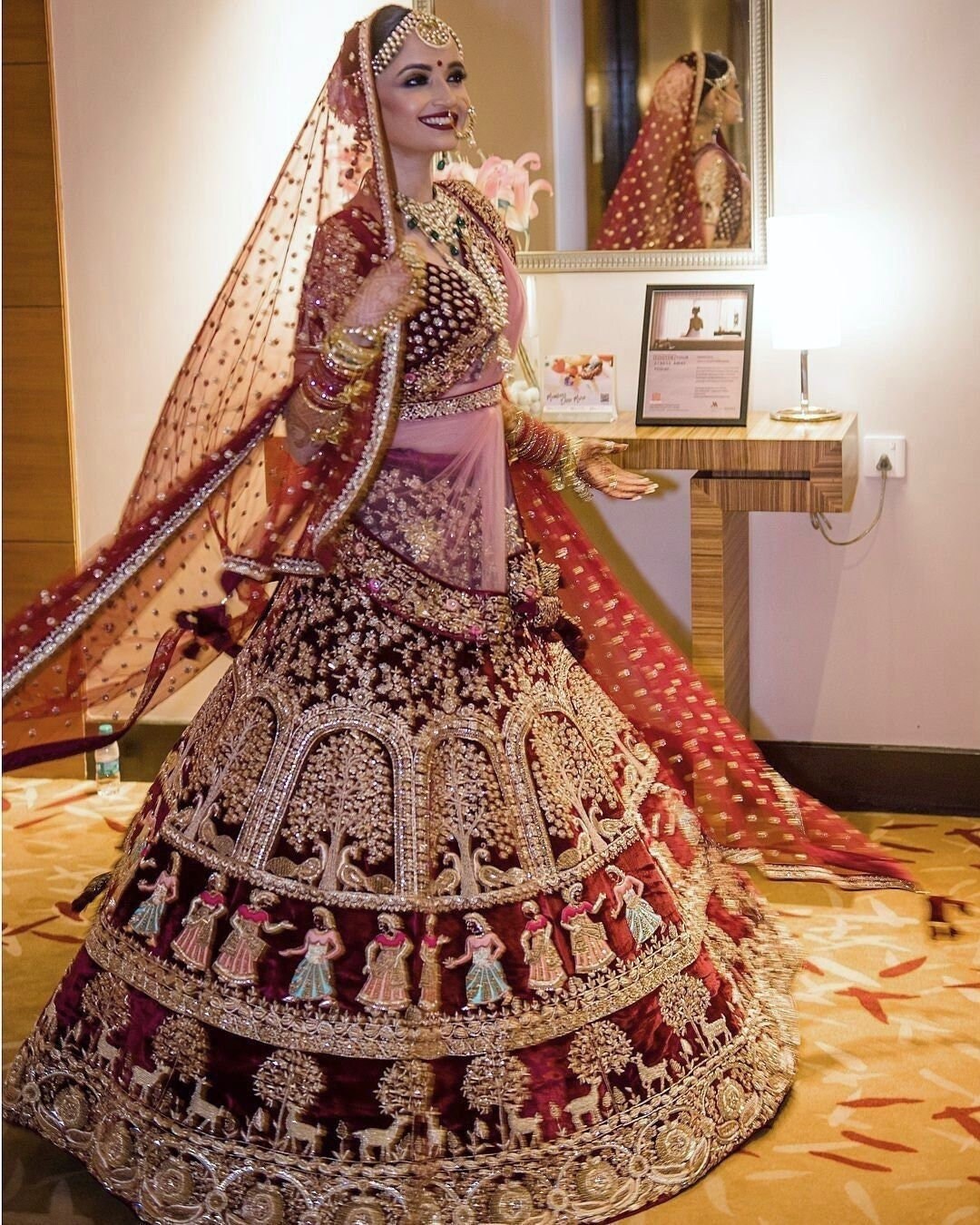 Dark Red Velvet Bridal Lehenga Choli 
