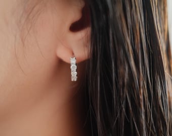 Moissanite Huggie Hoop Earrings, Sterling Silver 5 Stone Hoops, Dainty Minimalist Earrings