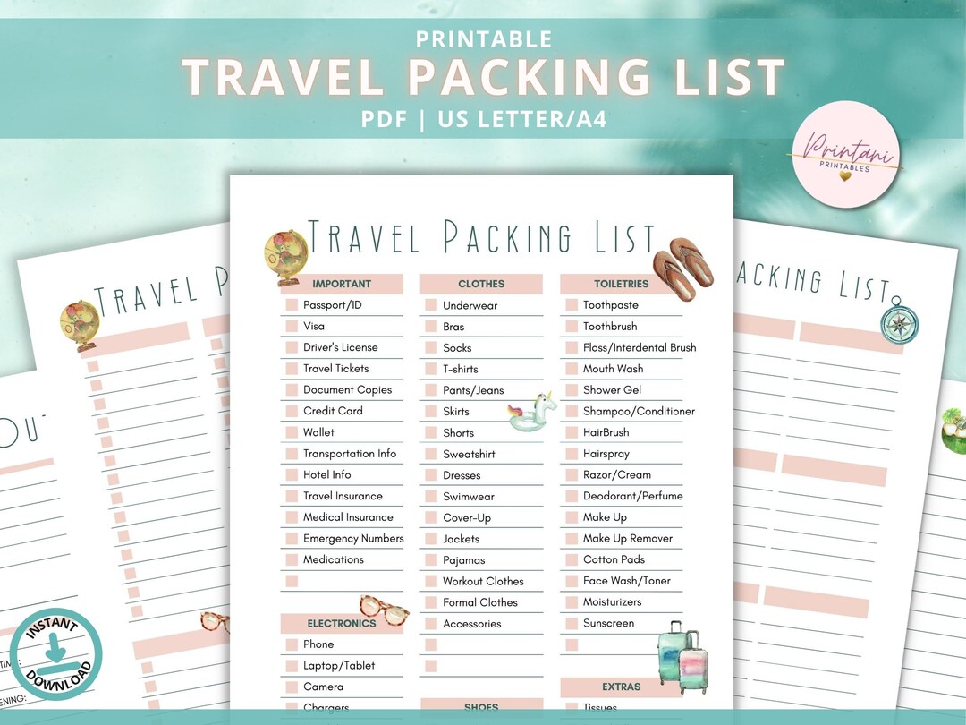 Printable Travel Check List, Travel Packing List, Digital Travel ...