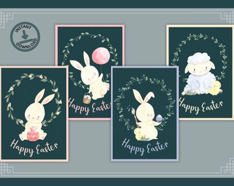 Druckbare Osterkarten für Kinder, Frohe Ostern druckbare Grußkarte, Schaf-Osterkarte, Hasen-Osterkarte
