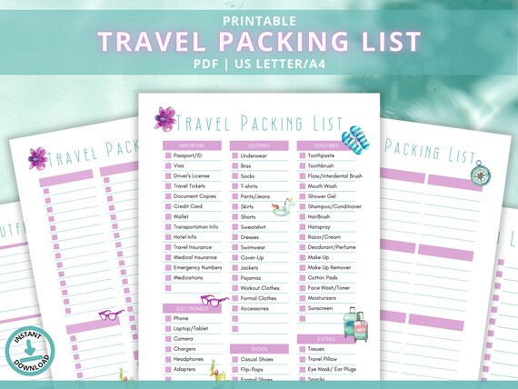 Printable Travel Check List Travel Packing List Digital - Etsy