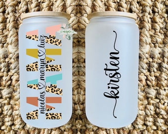 Personalized Mama Glass Tumbler for mom, Gift for Mom from Kids, Leopard/Cheetah Mama glass can tumbler with Kids Names, Gift for new mom