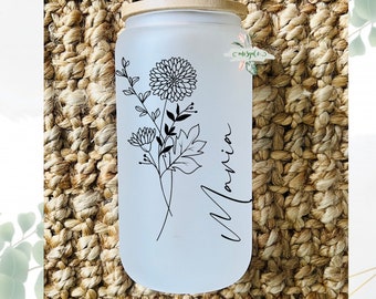 Gifts For Best Friend Coworker Sister, Bridal Party Favors, Personalized Can Cup, Dainty Floral Name, Glass Can iced Coffee cup, Boho gift