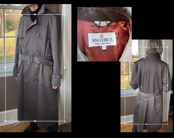 Vintage 70s Nino Cerruti Trench Coat Grey ~ Double-Breasted Belted Men's Coat Size 40R