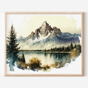 Grand Teton Print Watercolor Wall Art Printable Mountain Watercolor Landscape Fine Art Nature Print Cabin Wall Art National Park Poster