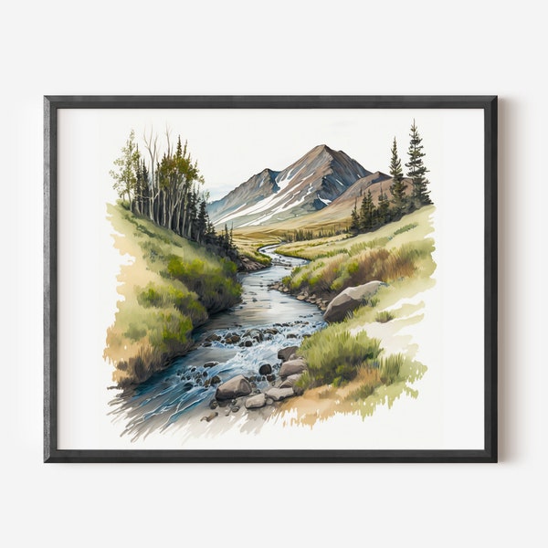 Mountain Stream Watercolor Printable Nature Lover Gift Nature Art Fine Art Print Watercolor Landscape Cabin Wall Art Print Mountain Painting