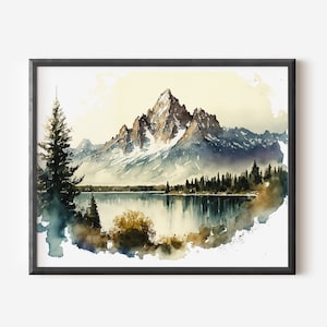 Grand Teton Print Aquarell Wandkunst druckbare Berg Aquarell Landschaft Fine Art Natur Print Cabin Wandkunst Nationalpark Poster