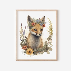 Fox Printable Watercolor Art Fox Nursery Artwork Fox Nursery Decor Floral Fox Art Girl Woodland Nursery Wall Art Baby Girl Room Printable