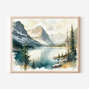 Glacier National Park Wall Art National Park Poster Neutral Mountain Watercolor Artwork Painting Montana Landscape Nature Printable Wall Art