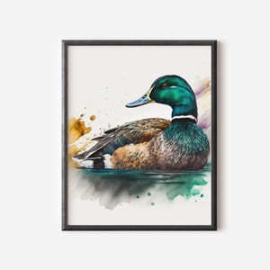 Wilde eend aquarel afdrukbare jacht aquarel kunst eend eend zwemmen kunst muur prints voor Lake House Cabin rustiek decor