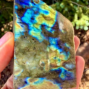 Può includere: Una pietra di labradorite lucidata con riflessi iridescenti blu, verdi e gialli. La pietra ha un bordo naturale e ruvido e una superficie liscia e lucida. I colori cambiano e brillano.