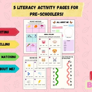 May include: Five colourful printable activity pages for preschoolers. The pages include activities for writing, spelling, letter matching, and an "All About Me" page. The pages feature bright colours and fun illustrations.