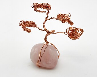 Mini Bonsai on Pink Quartz: Handcrafted Copper Wire Sculpture