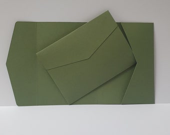 May include: A set of three green envelopes with a folded flap. The envelopes are made of a textured paper stock.